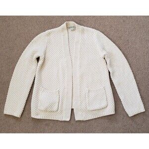 ORVIS  Chunky Knit Heavyweight Cardigan Sweater Open Pockets Beige Cotton Small